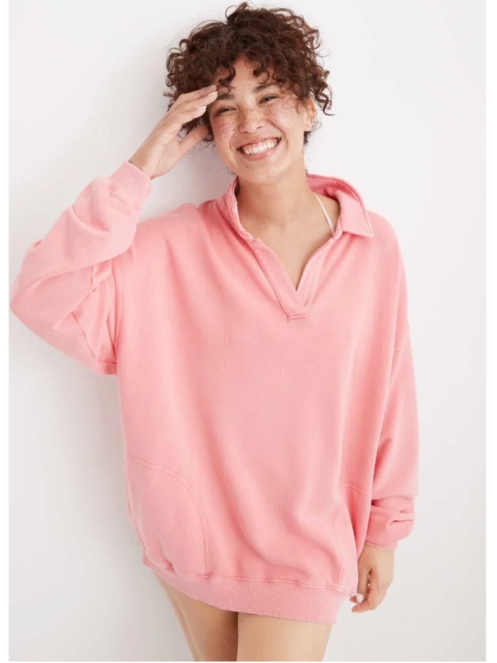 Aerie Happy Henley Oversized Slouchy Polo Pullover Sweatshirt Lounge Pink XS